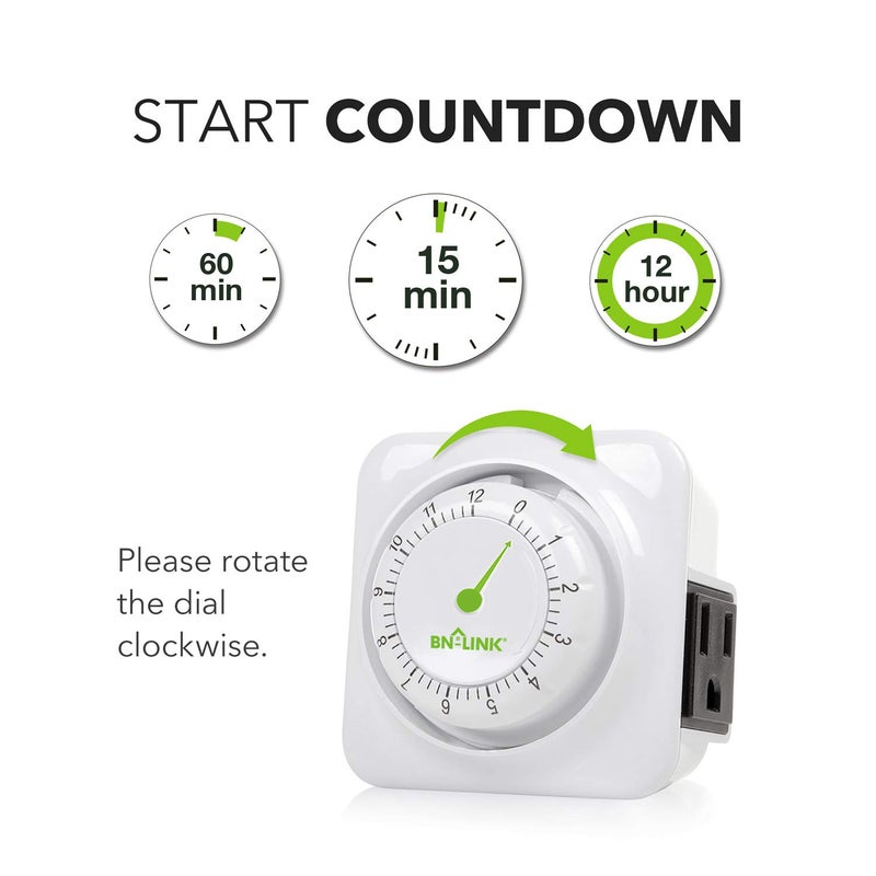 BN-LINK 12 Hour Indoor Mechanical Accurate Countdown Timer, 3-Prong Grounded Outlet, 15 Minute Increments, Energy Saving for Kitchen, Phone Charger, Lamps, Holiday Decoration 1875W, 1/2 HP, ETL Listed - Image 4